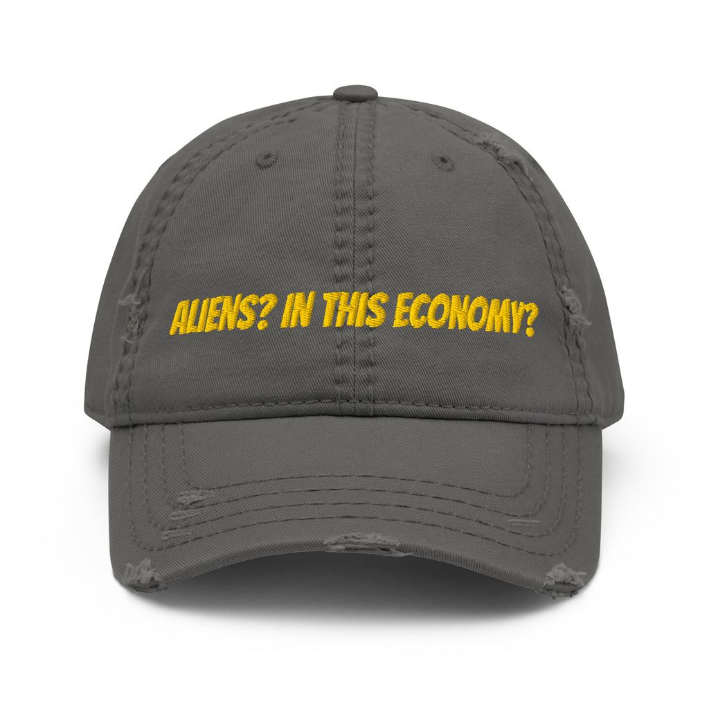 Aliens In This Economy distressed dad hat brim detail with torn edge and stitching