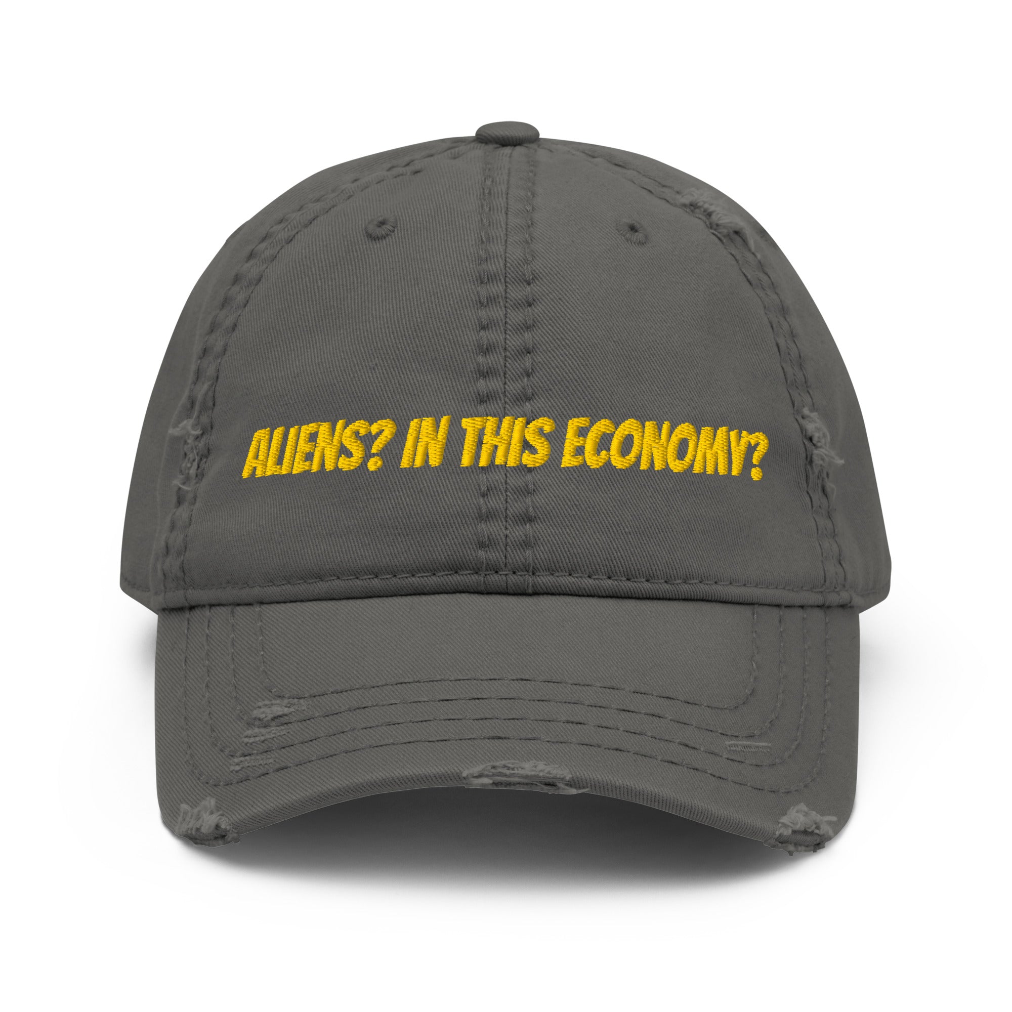 Aliens In This Economy distressed dad hat brim detail with torn edge and stitching