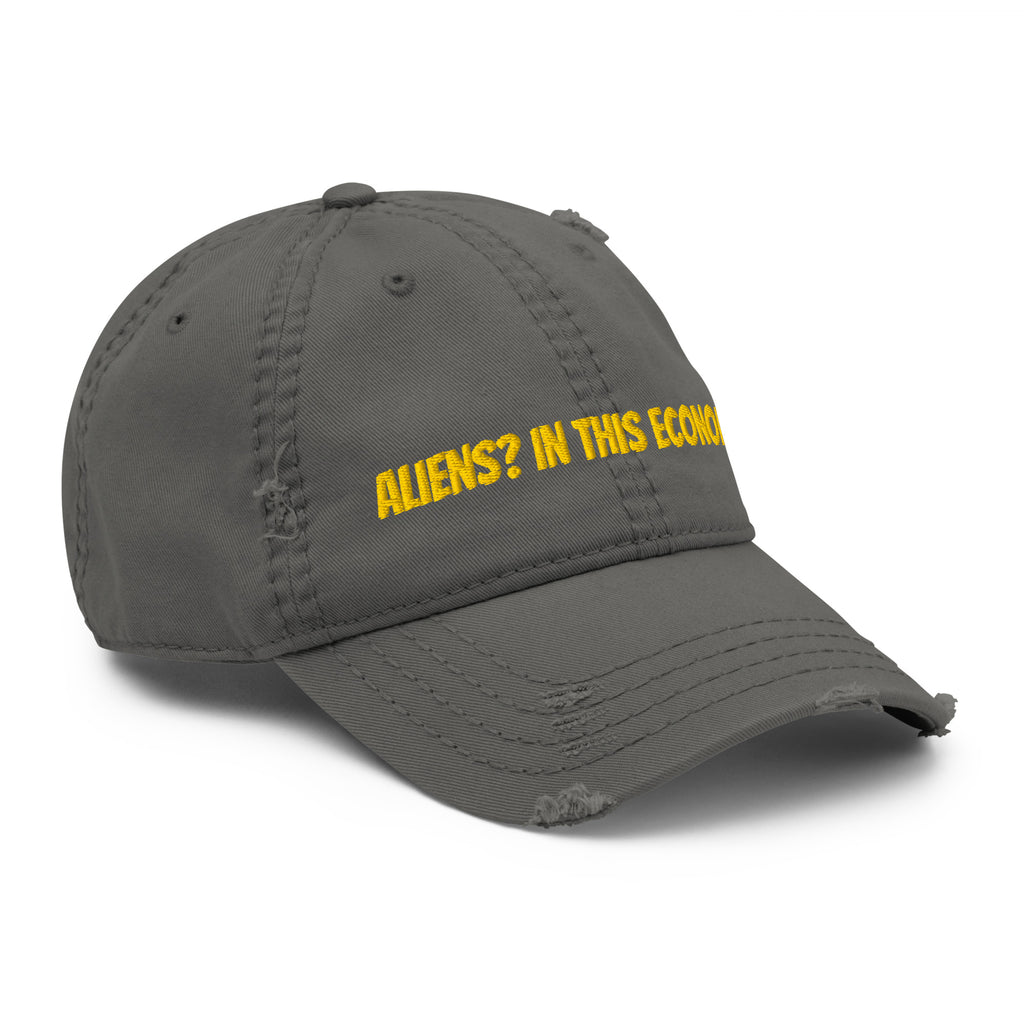 Aliens In This Economy distressed dad hat brim detail with torn edge and stitching