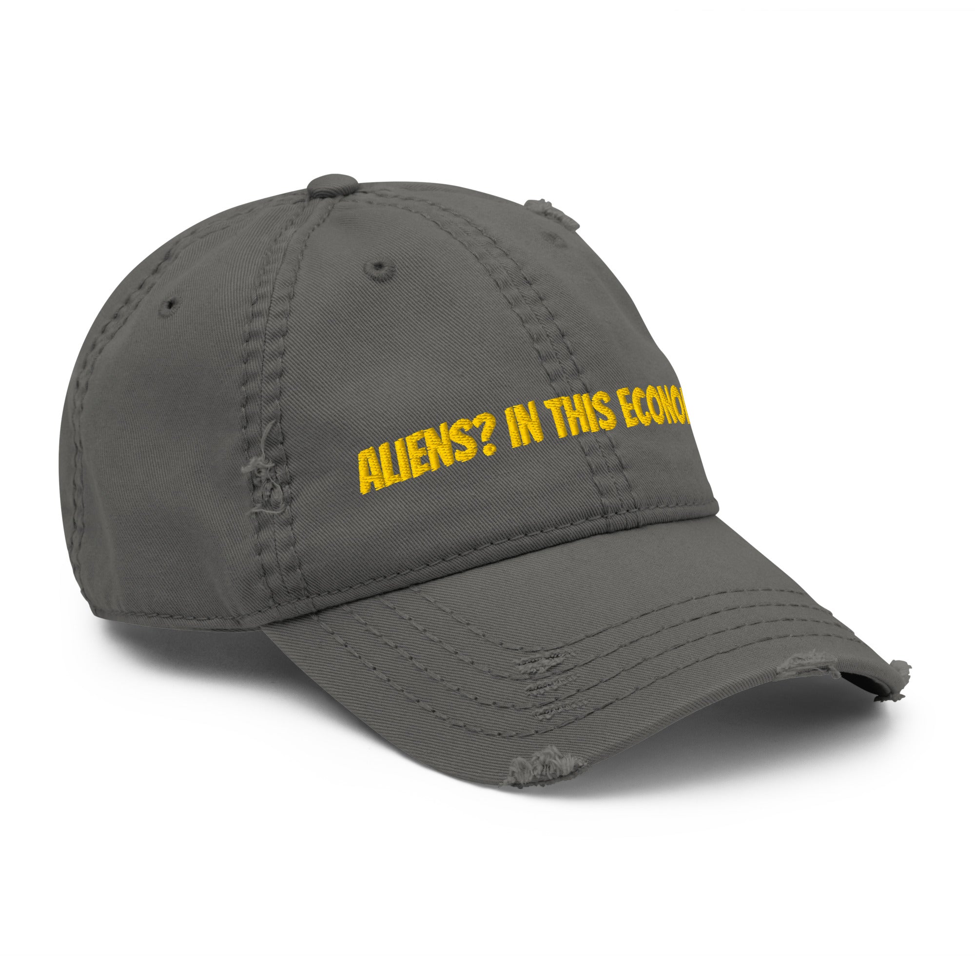 Aliens In This Economy distressed dad hat brim detail with torn edge and stitching