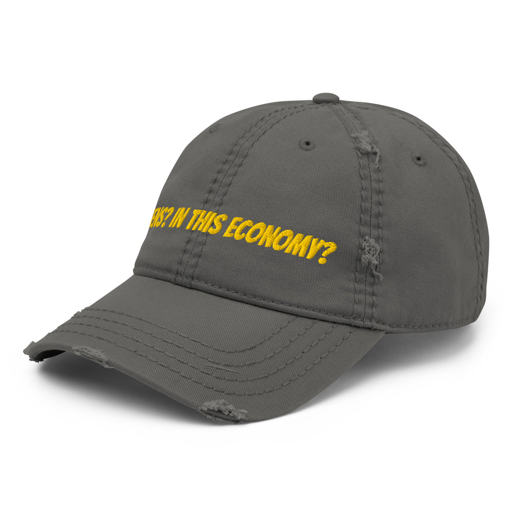 Aliens In This Economy distressed dad hat brim detail with torn edge and stitching