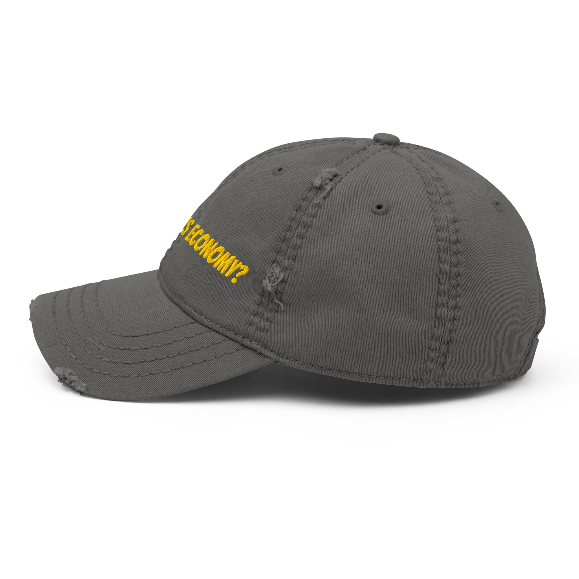 Aliens In This Economy distressed dad hat brim detail with torn edge and stitching