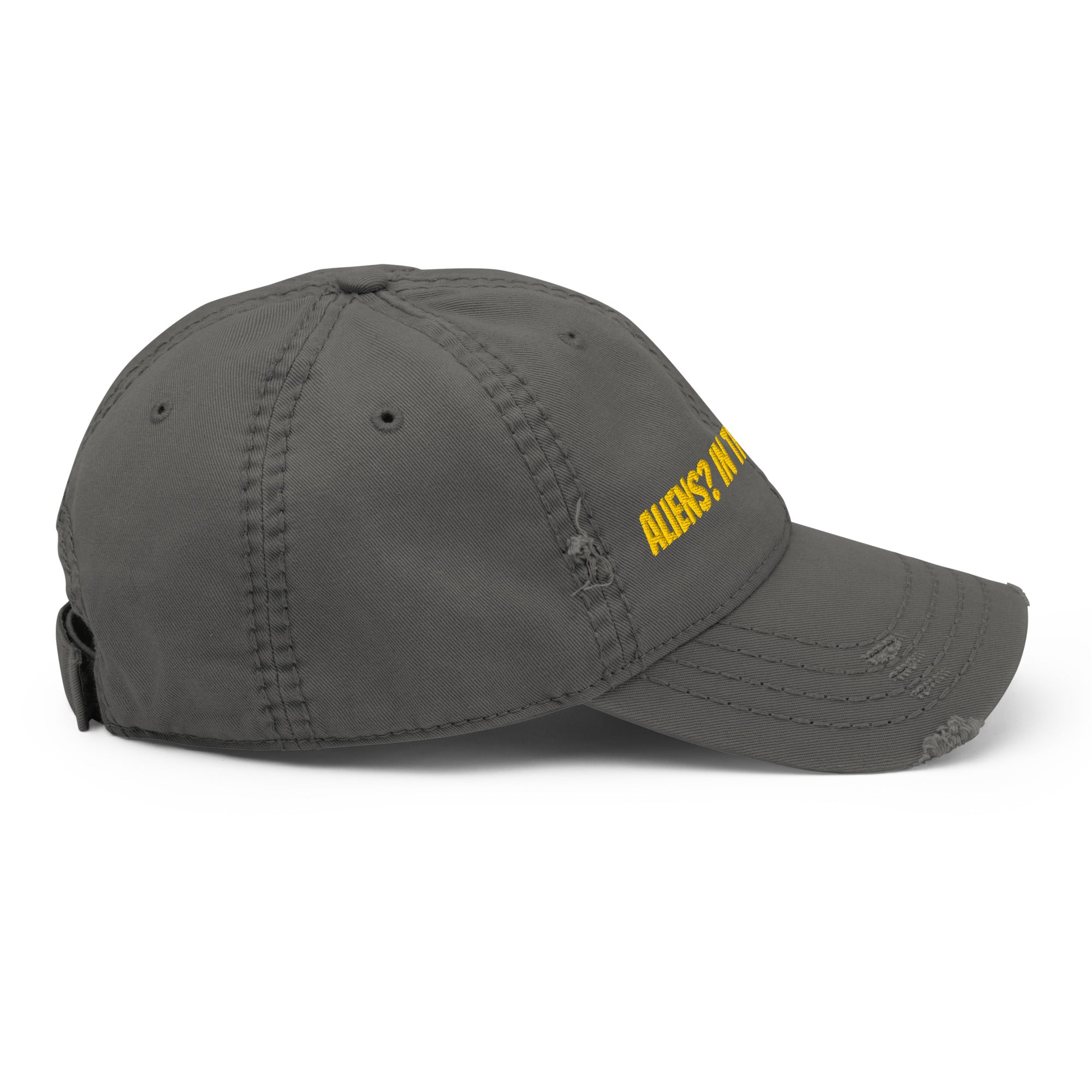 Aliens In This Economy distressed dad hat brim detail with torn edge and stitching