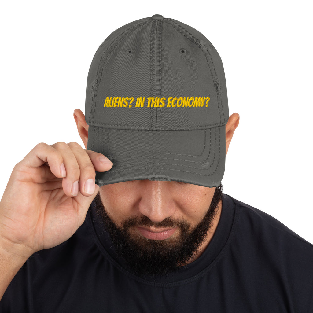 Aliens In This Economy distressed dad hat brim detail with torn edge and stitching
