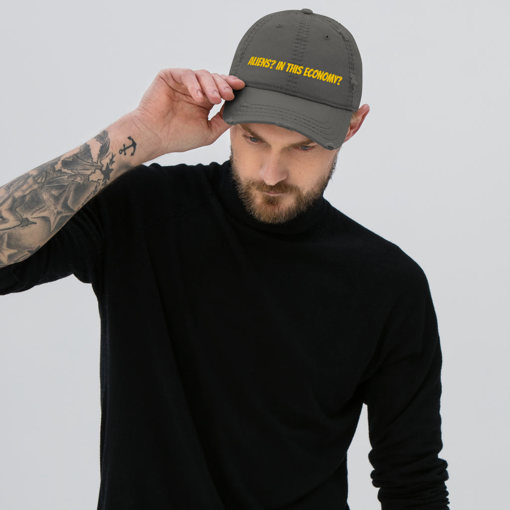 Aliens In This Economy distressed dad hat brim detail with torn edge and stitching