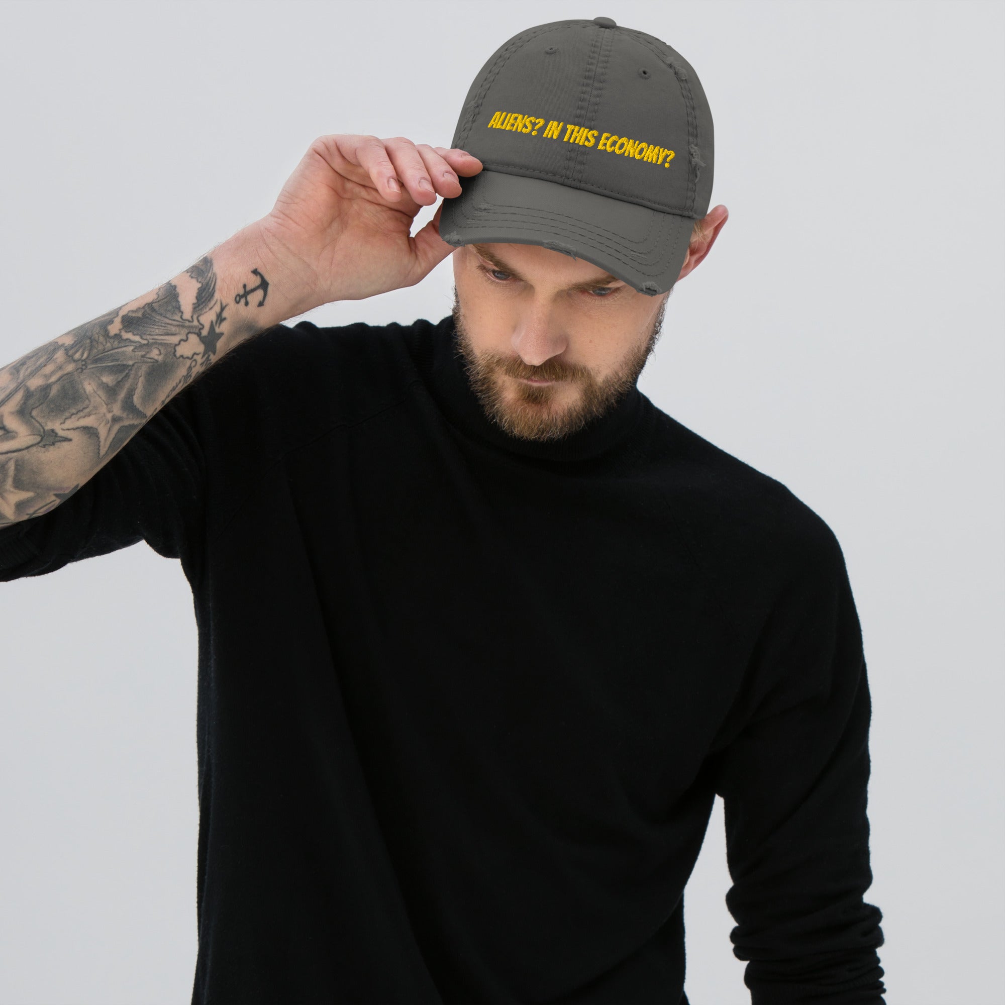 Aliens In This Economy distressed dad hat brim detail with torn edge and stitching