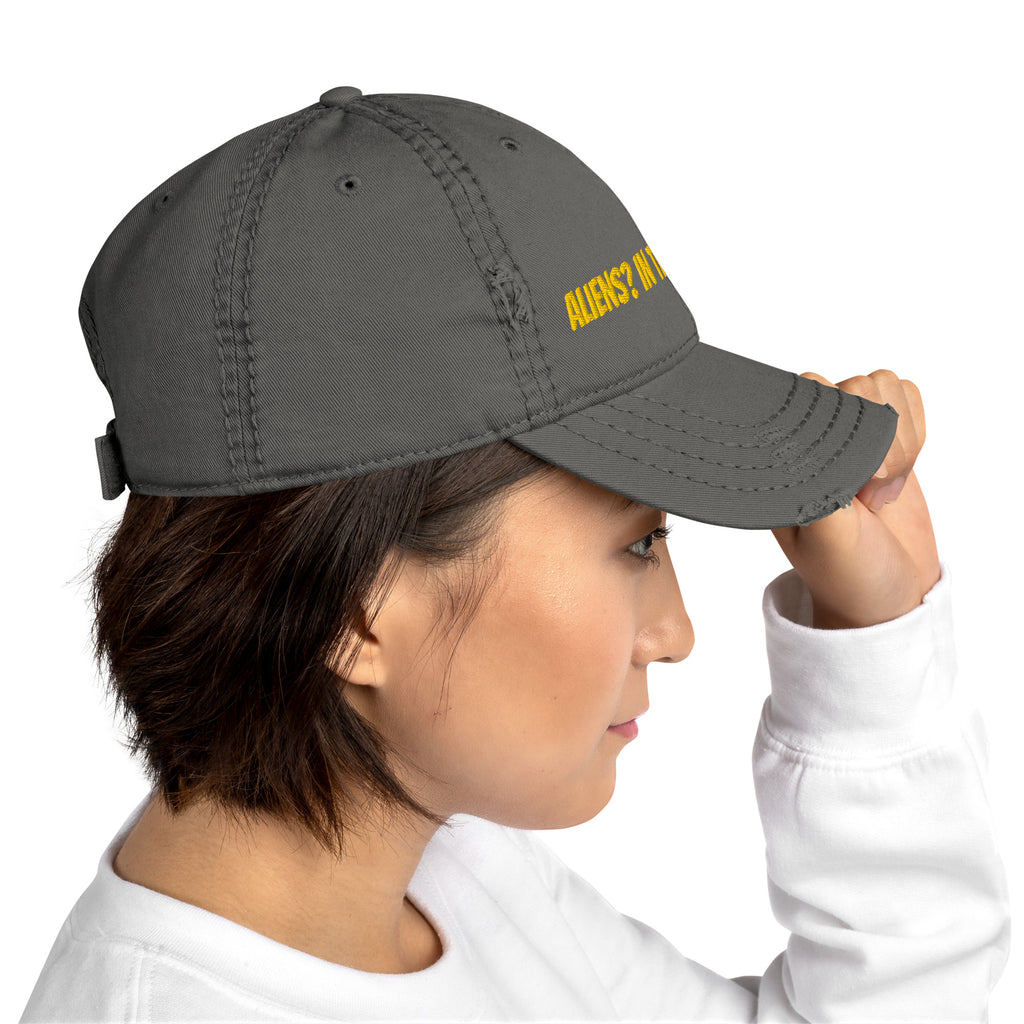 Aliens In This Economy distressed dad hat brim detail with torn edge and stitching