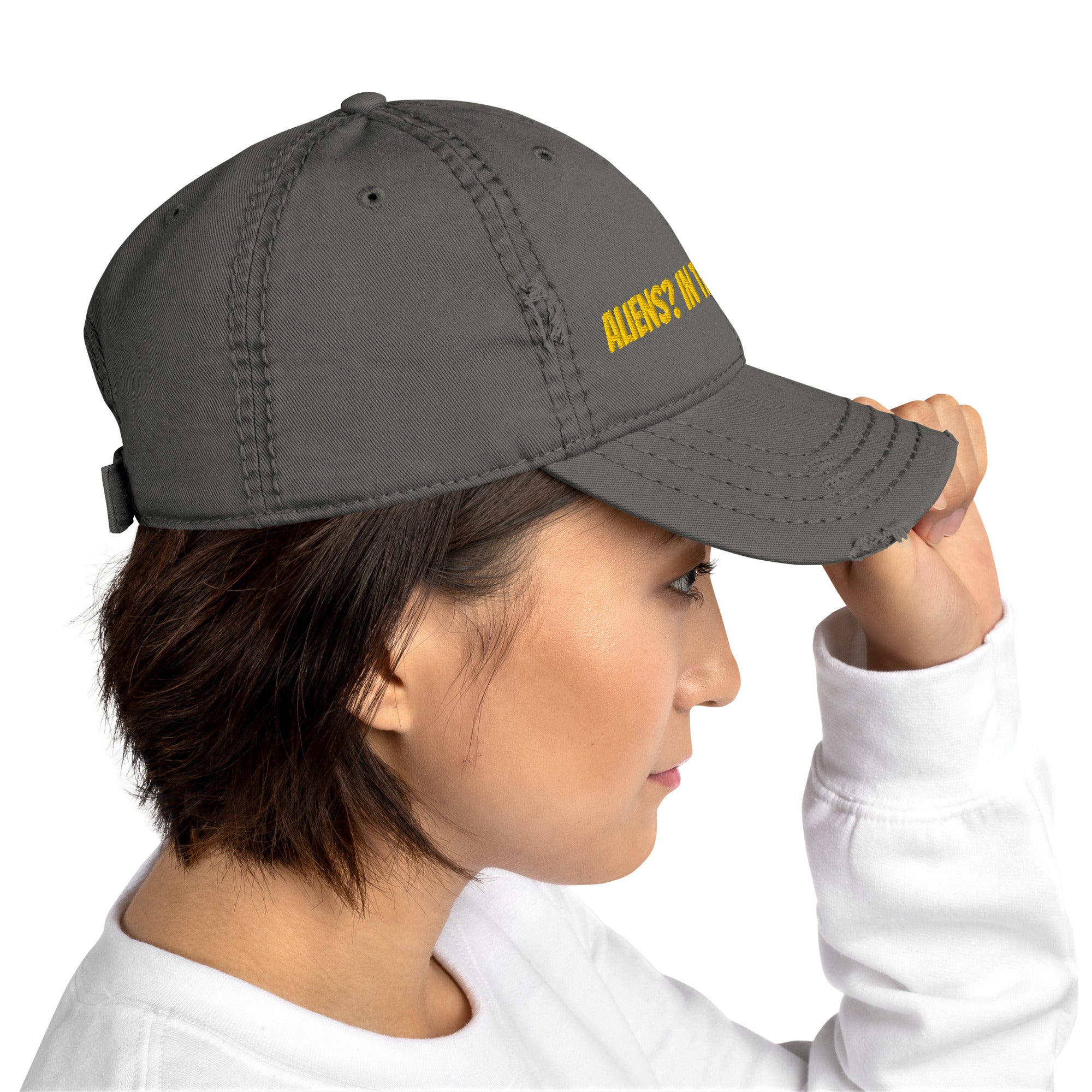 Aliens In This Economy distressed dad hat brim detail with torn edge and stitching