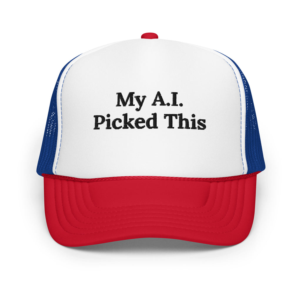 My A.I. Picked This red white and royal foam trucker hat, front view