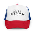 My A.I. Picked This red white and royal foam trucker hat, front view