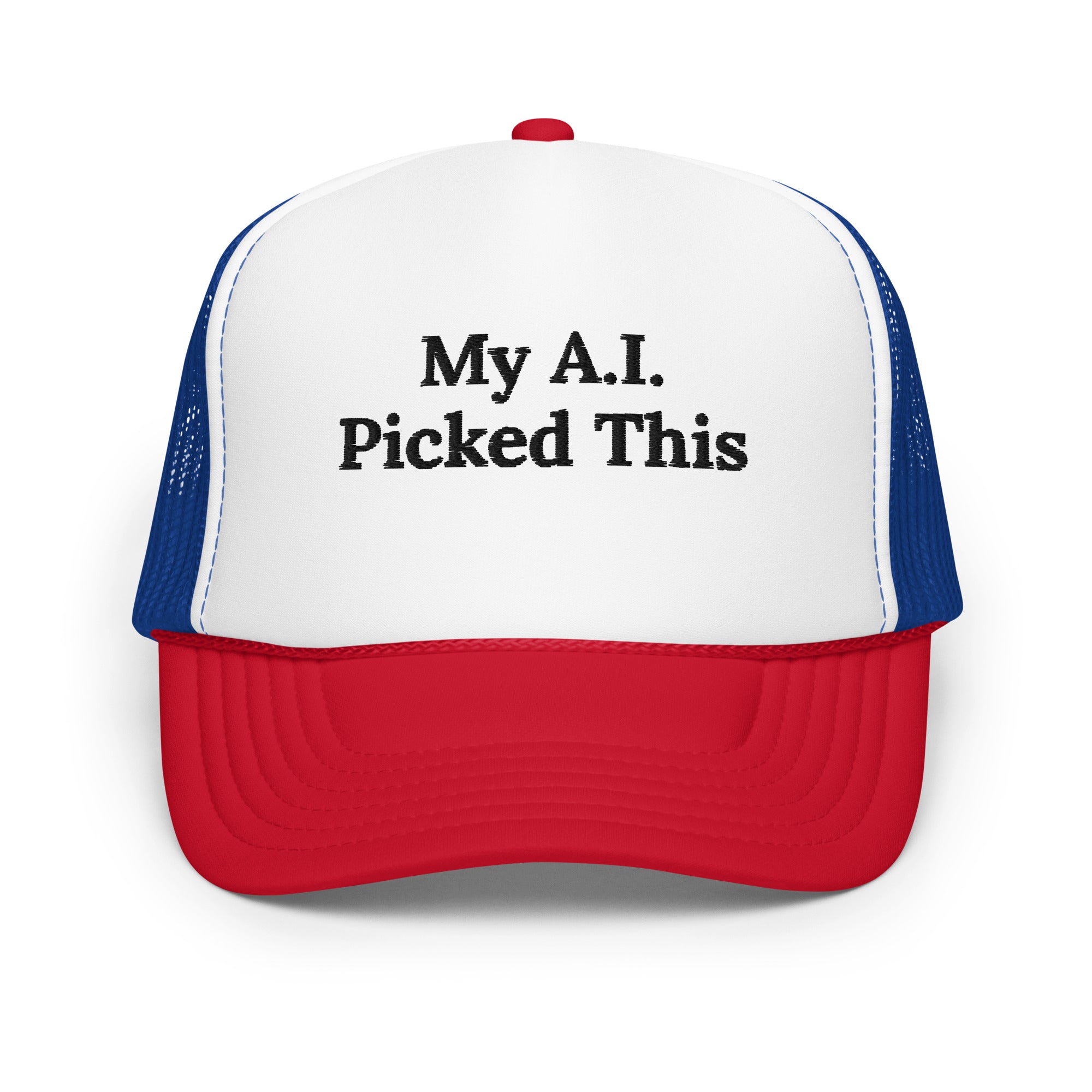 My A.I. Picked This red white and royal foam trucker hat, front view