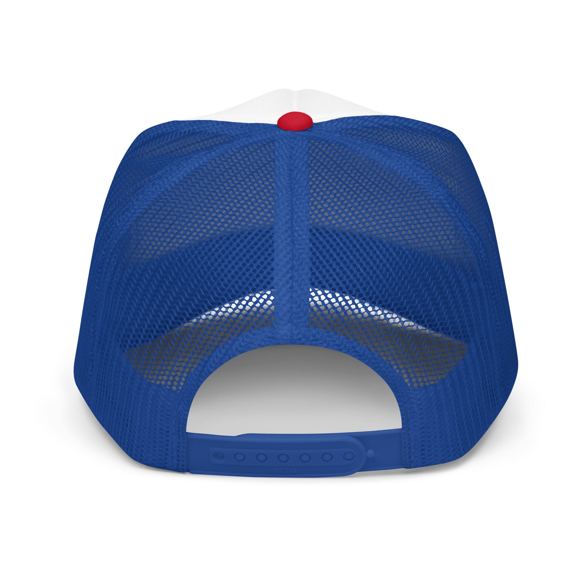 My A.I. Picked This red white and royal foam trucker hat, front view