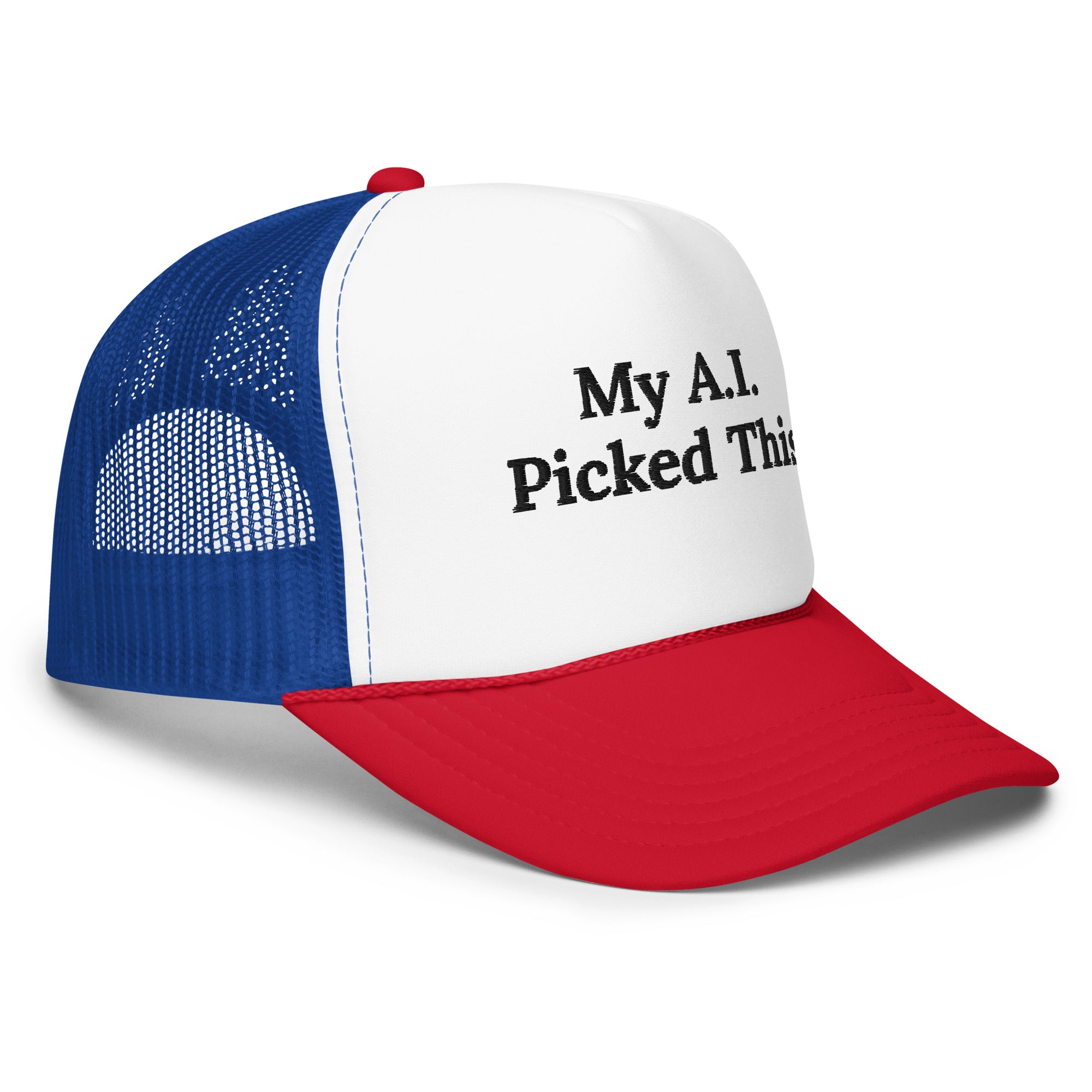 My A.I. Picked This red white and royal foam trucker hat, front view
