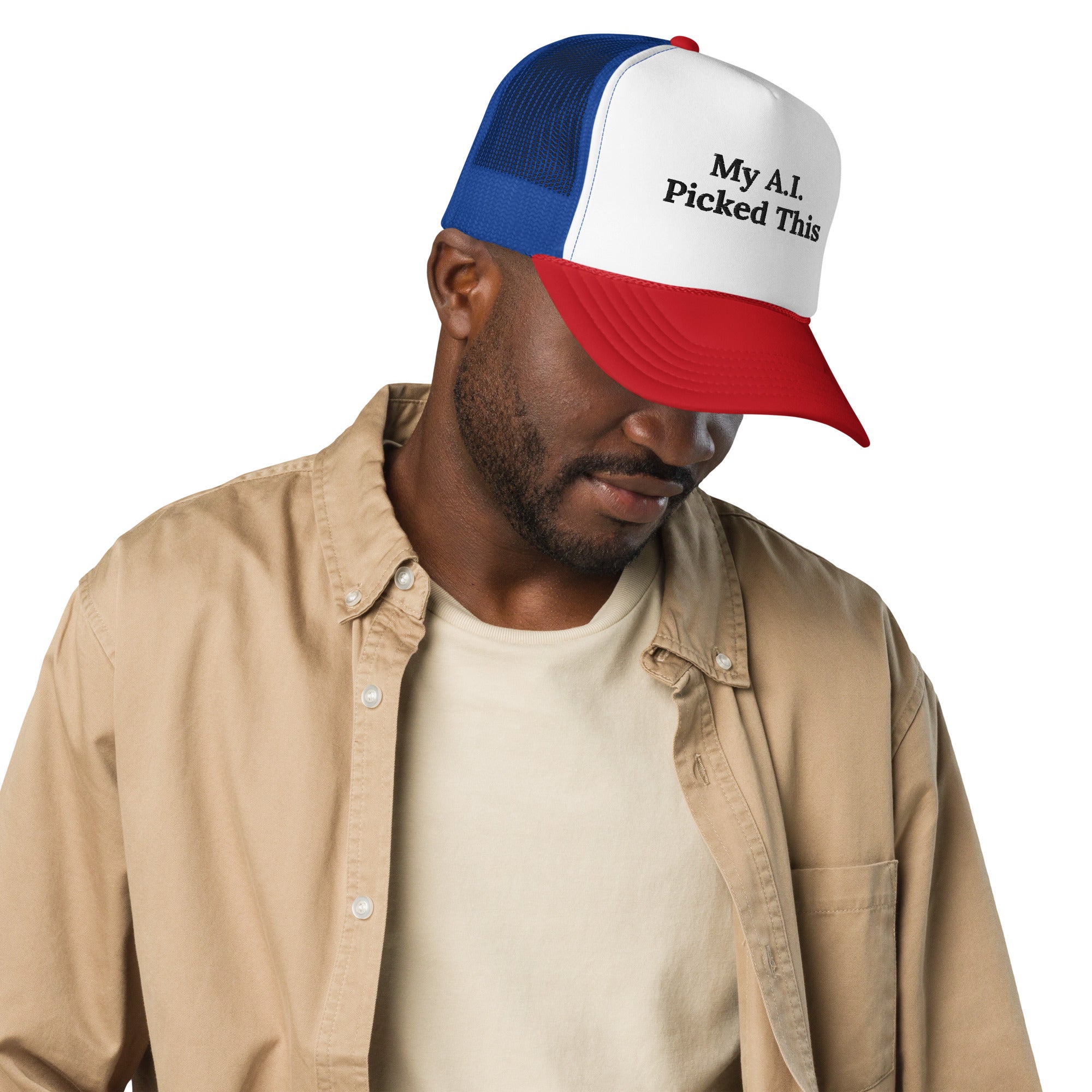 My A.I. Picked This red white and royal foam trucker hat, front view