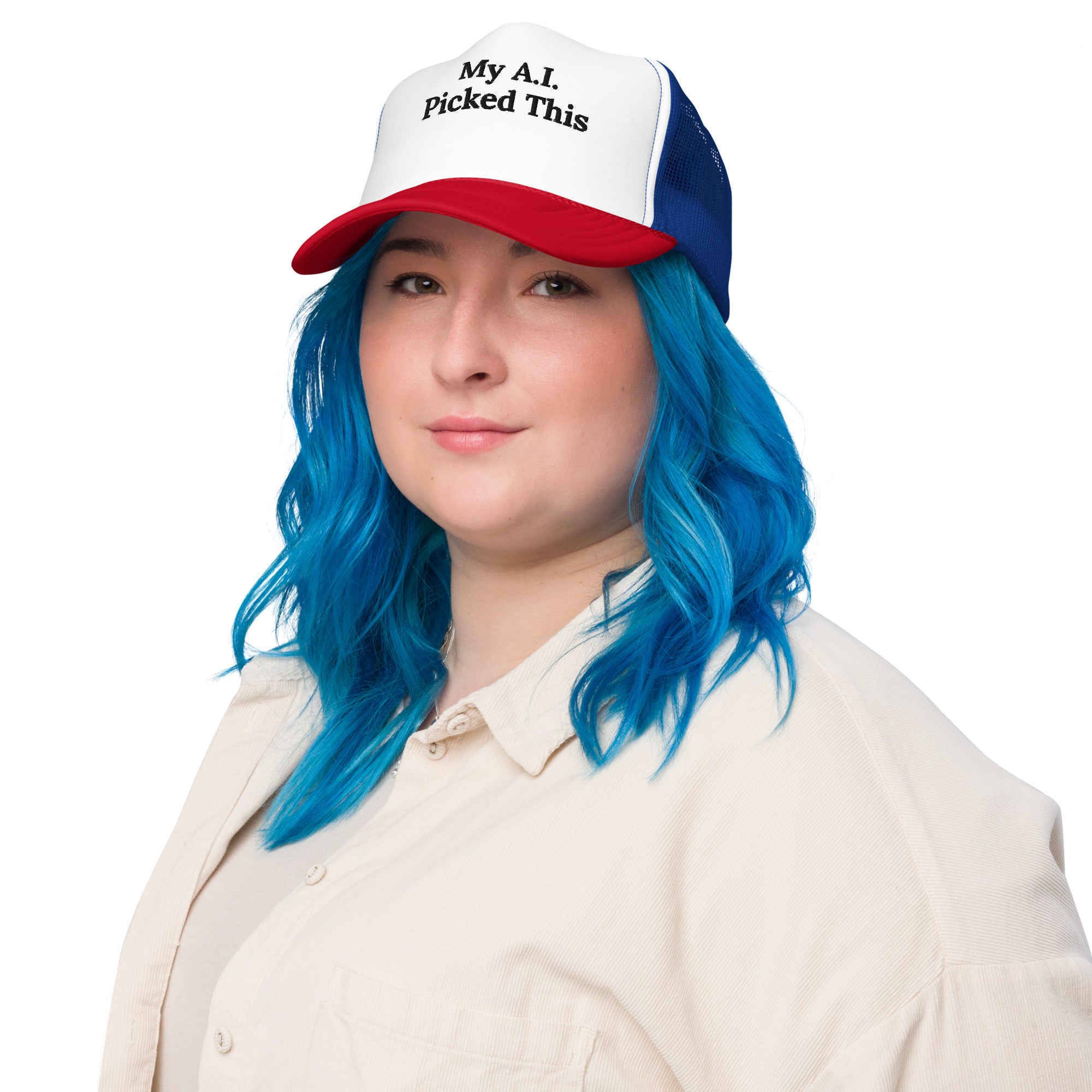 My A.I. Picked This red white and royal foam trucker hat, front view