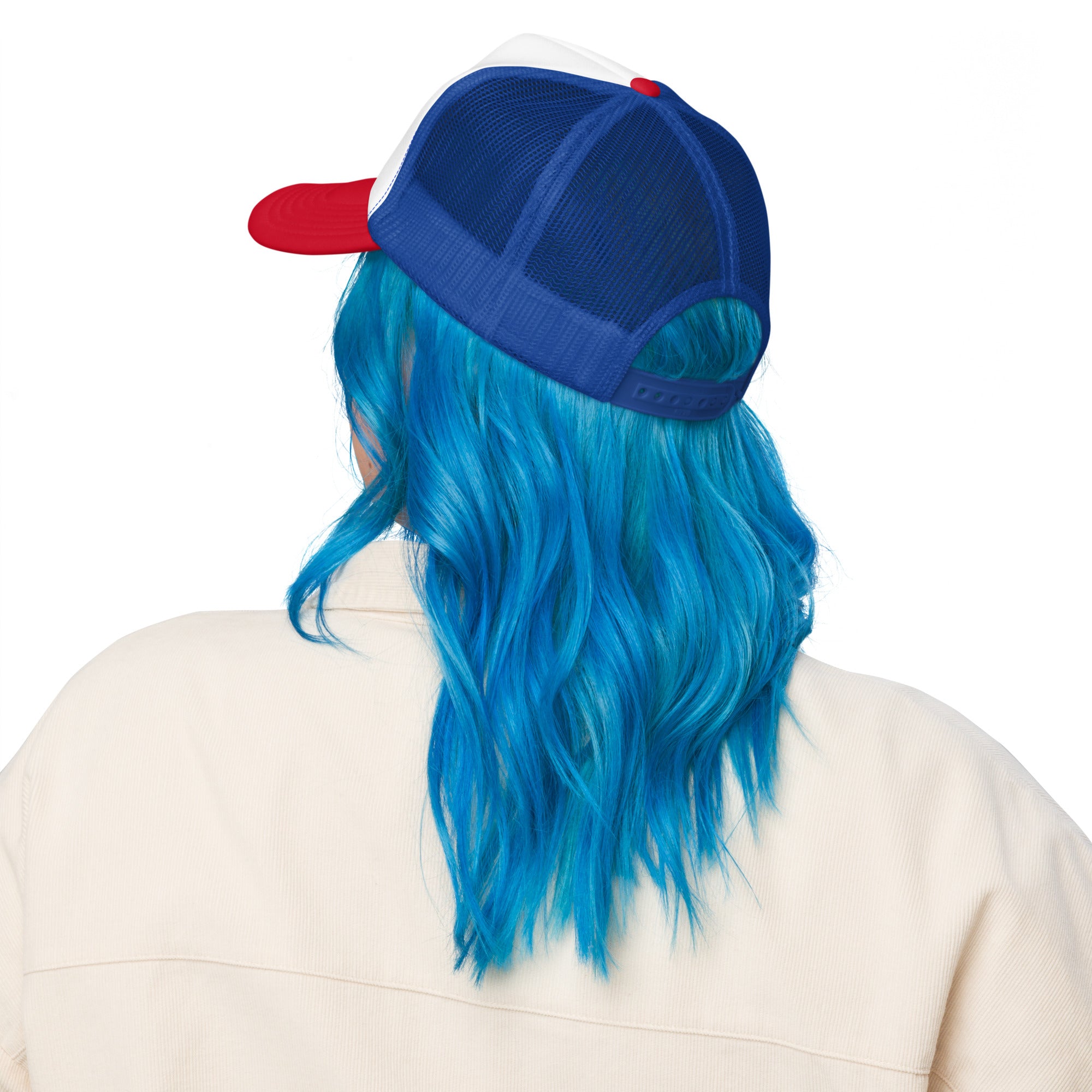 My A.I. Picked This red white and royal foam trucker hat, front view