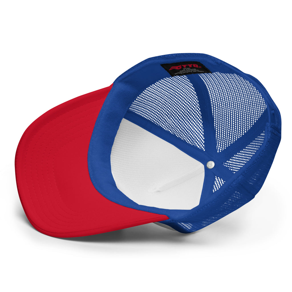 My A.I. Picked This red white and royal foam trucker hat, front view
