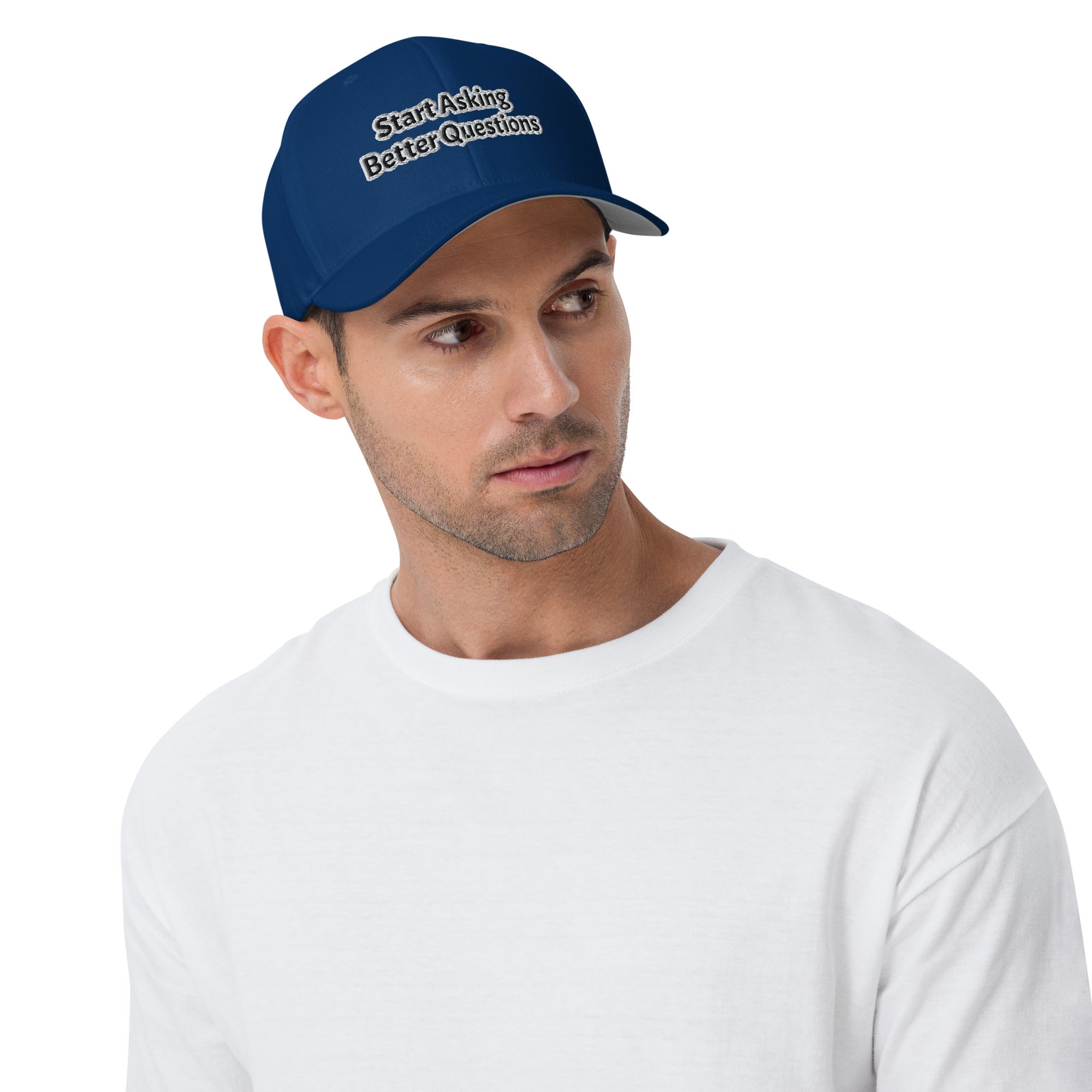 "Start Asking Better Questions" structured twill cap, front view
